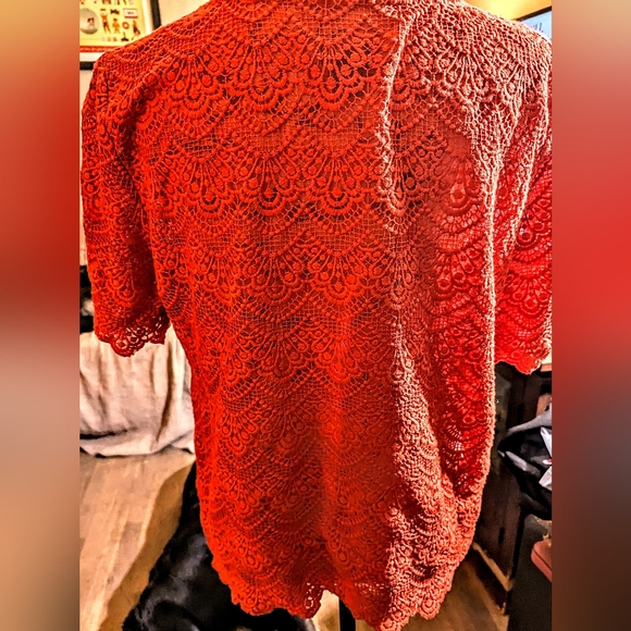 SUPER EUC🔥J. Crew🔥RED-ORANGE cotton/poly blend LACE TEE 🌞 sz M🌹Tres Femme 😍 - Picture 5 of 8